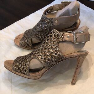 Donald J. Pliner Sania metallic gold leather & cork high heel open toes sandals